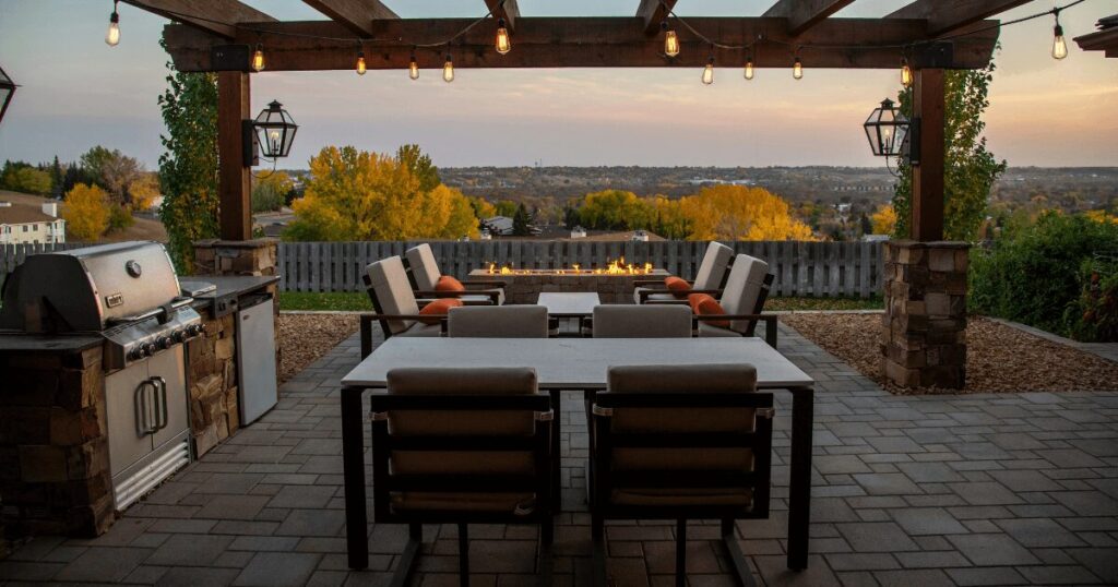 An example of a homw with stamped concrete patio