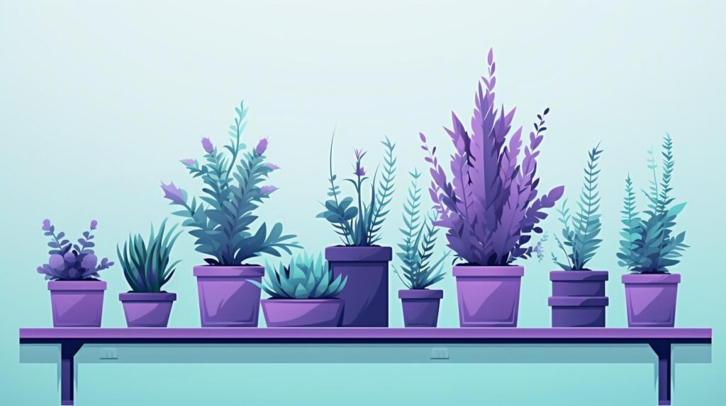 several purple and green potted plants sitting on a shelf