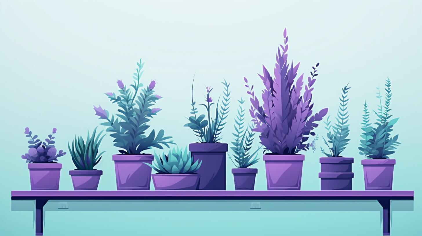 several purple and green potted plants sitting on a shelf