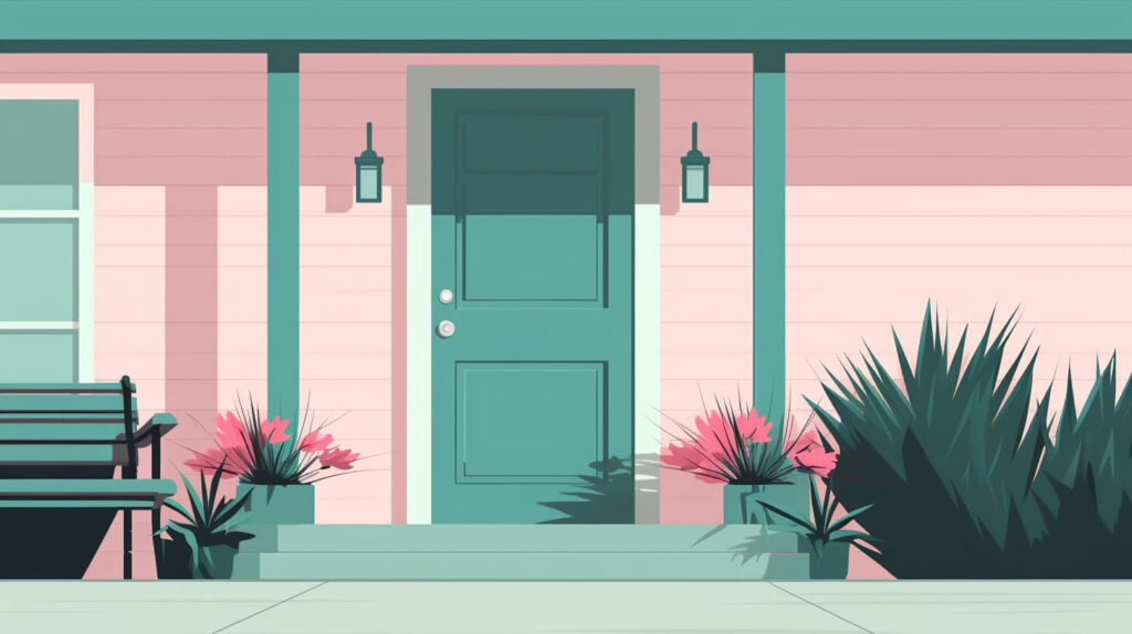 the front porch of a pink home with a bench and plants