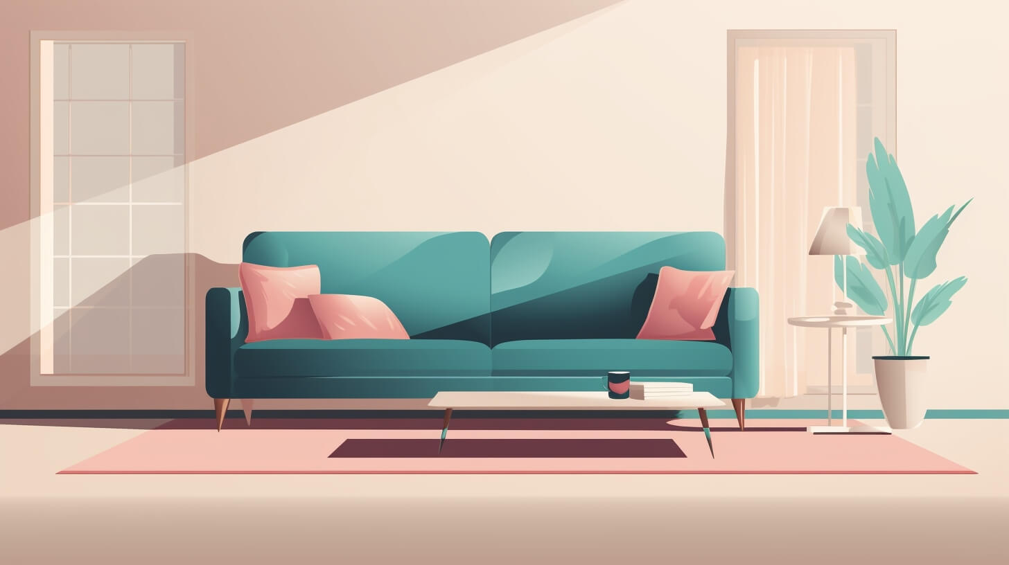 living room with greige walls and a teal couch
