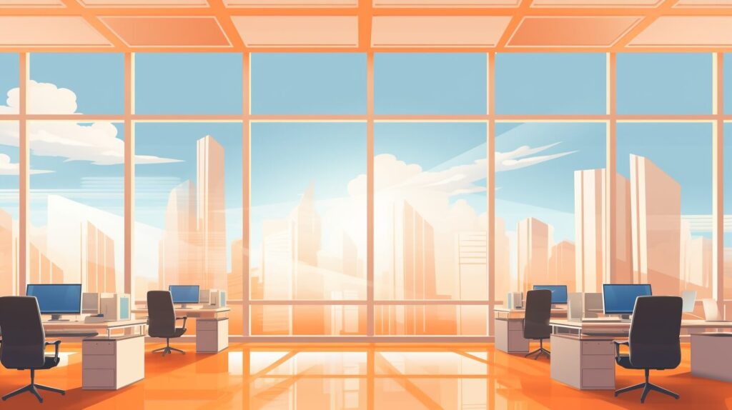 office with several desks and chairs in a high-rise building