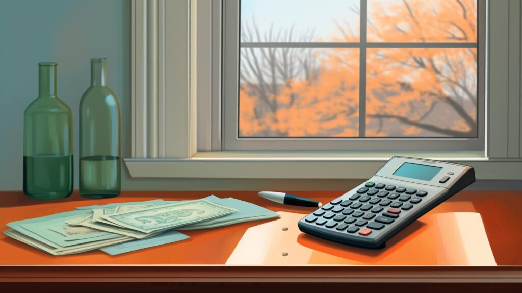 calculator and money on a desk in front of a window