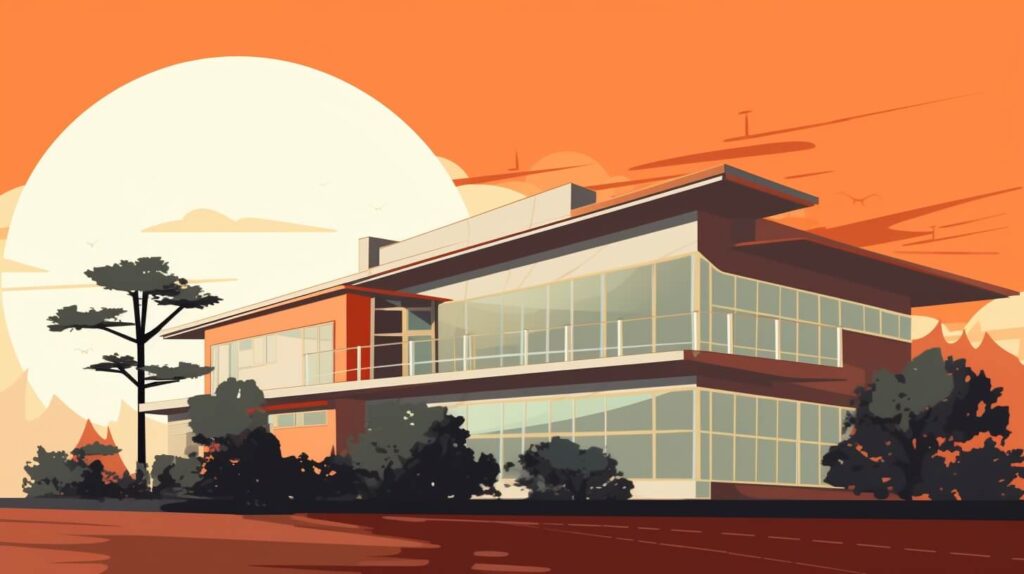 a large glass building in front of a sunset
