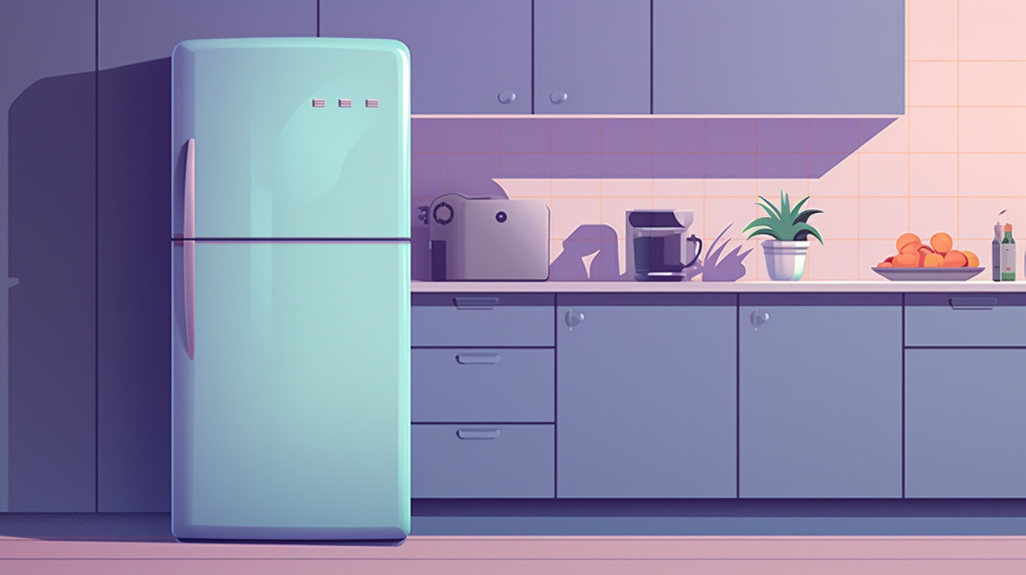 a purple kitchen with a blue stainless steel fridge