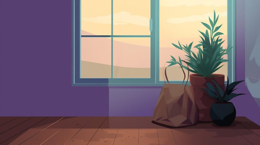 two potted plants next to a bag of soil