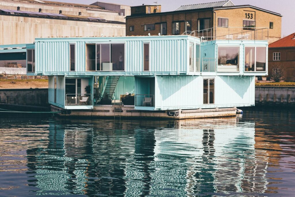 A waterfront container home with a custom floor plan