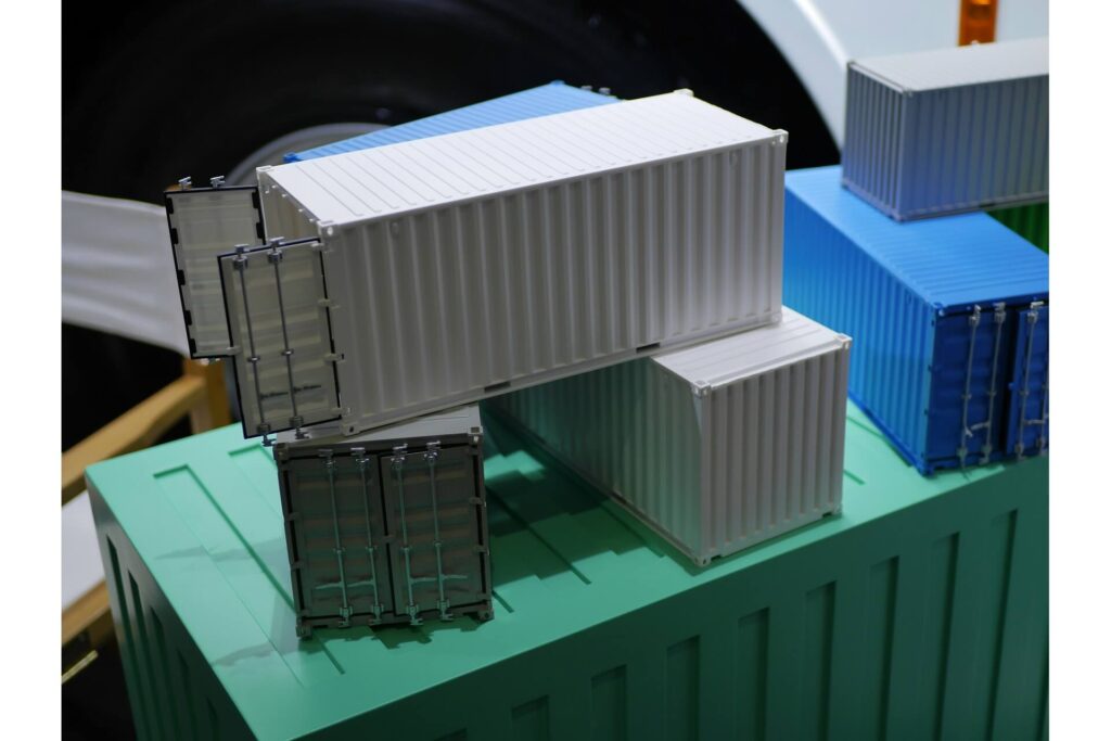 Miniature replicas of a stack of shipping containers