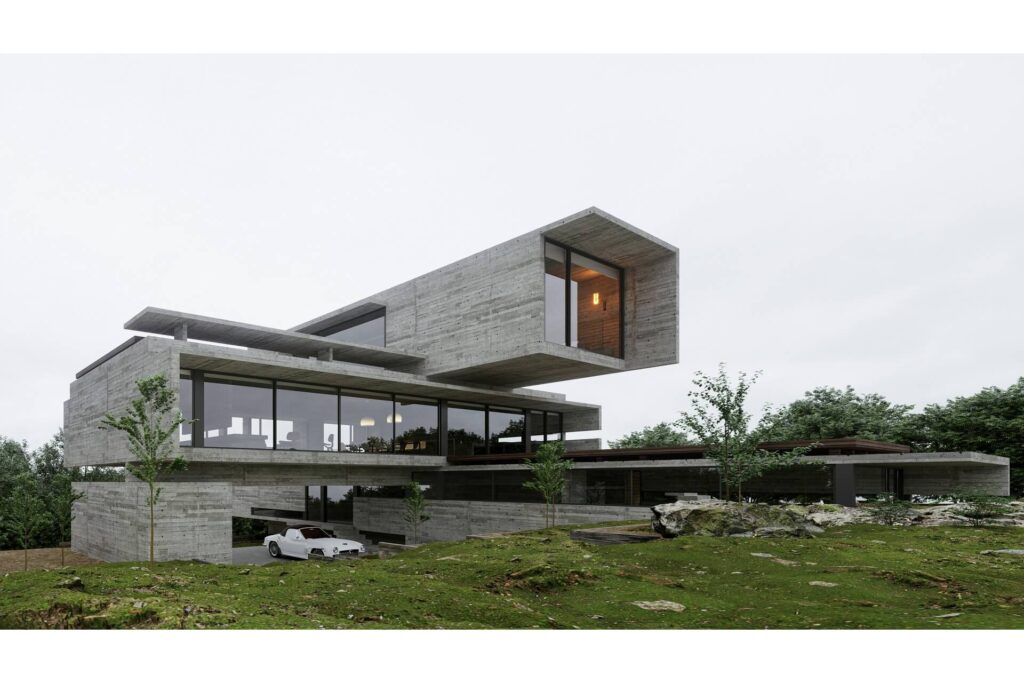 A futuristic house with a car in the driveway. 