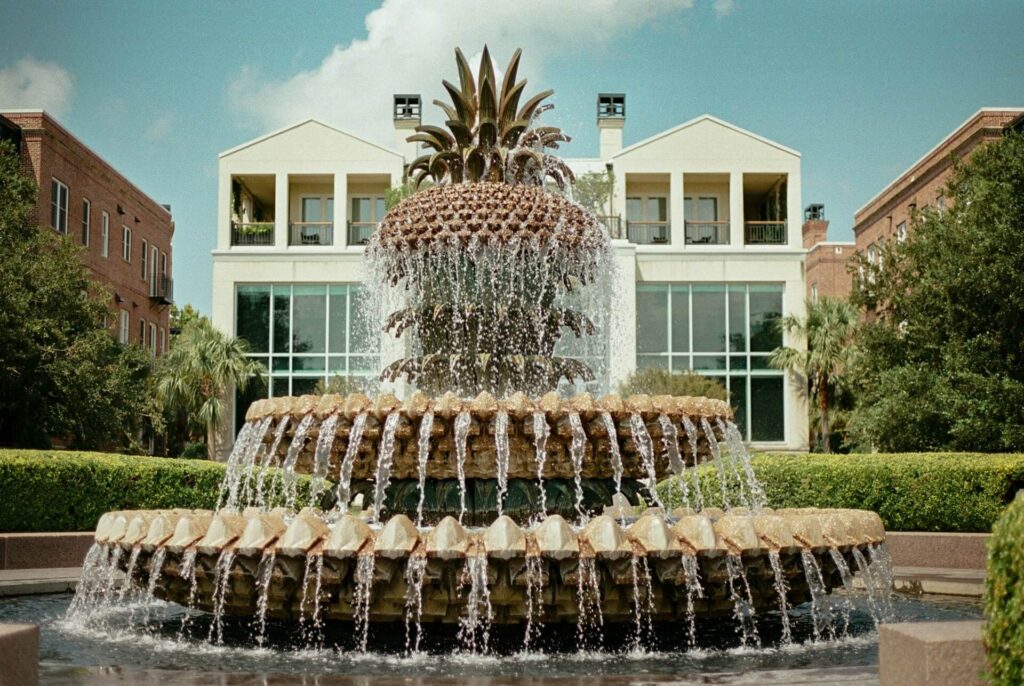 Water fountain in front of buildings in Charleston, South Carolina