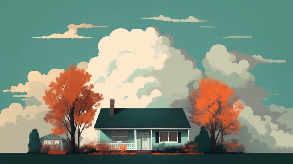 small blue house with a brown garage and orange trees next to it