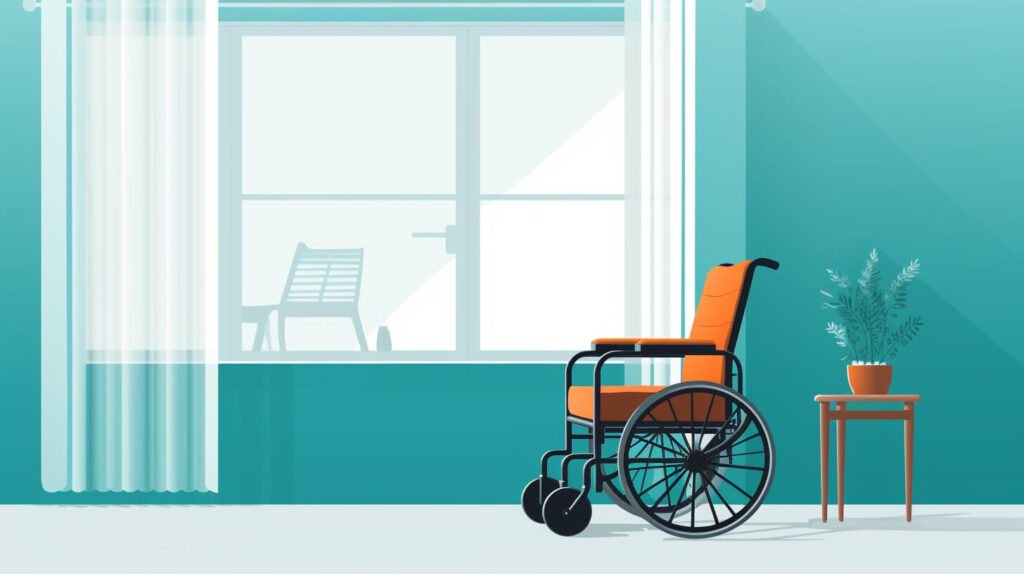 an orange wheelchair in a teal room