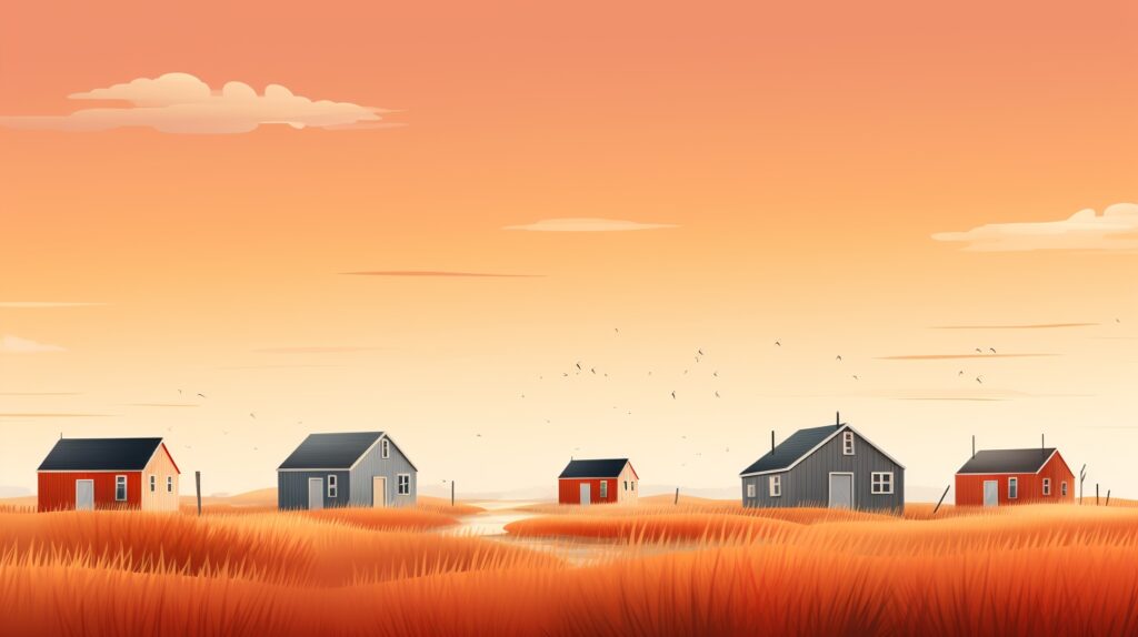 several orange and gray tiny homes in a tiny home community
