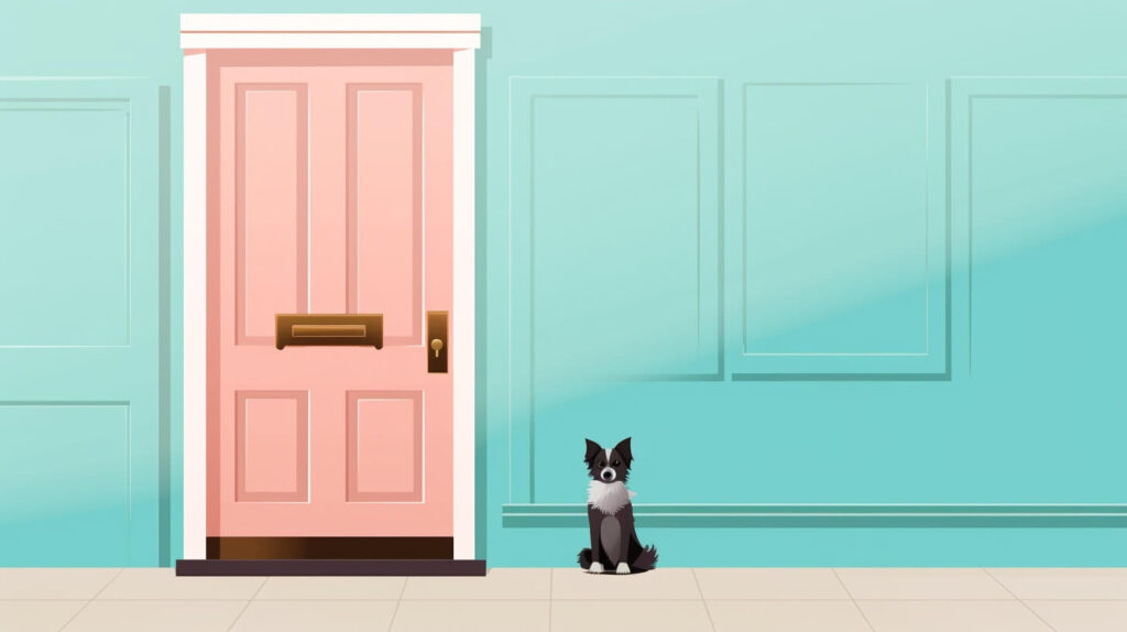 a small black and white dog sitting next to a pink door