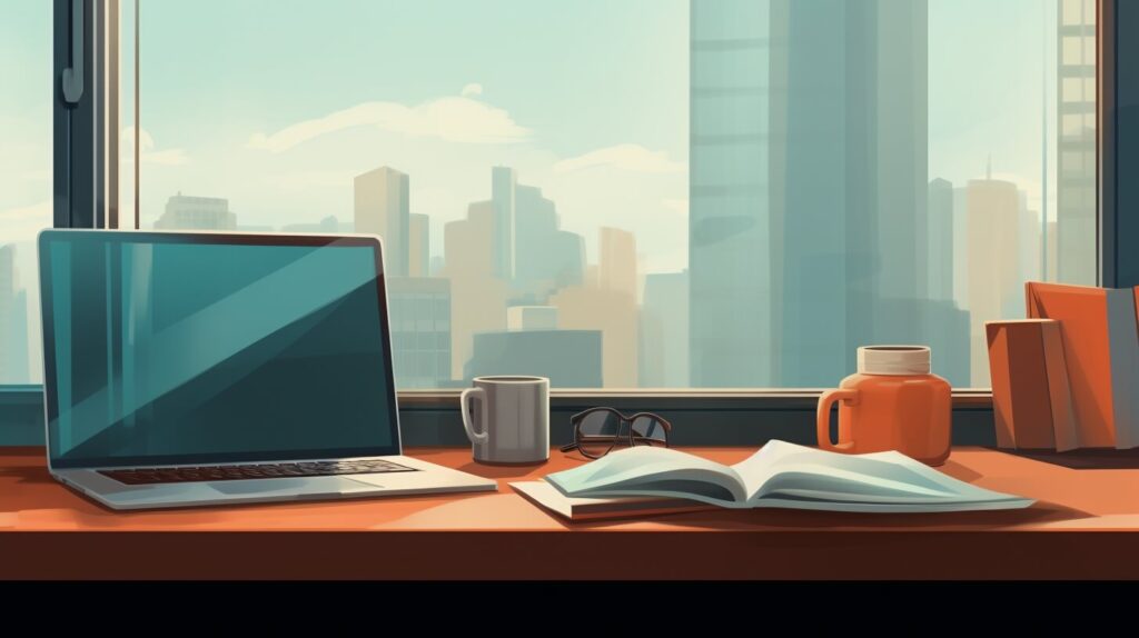 laptop, papers, and a mug on a desk in front of a window