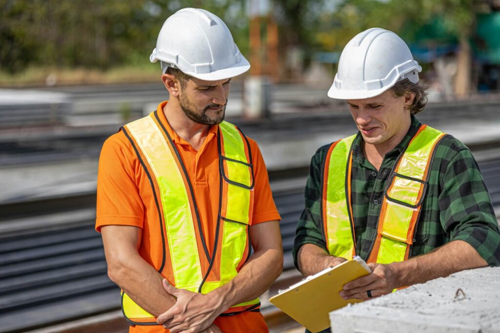 Two construction leaders with high-visibility vests and hard hats discussing something at the job site during the day