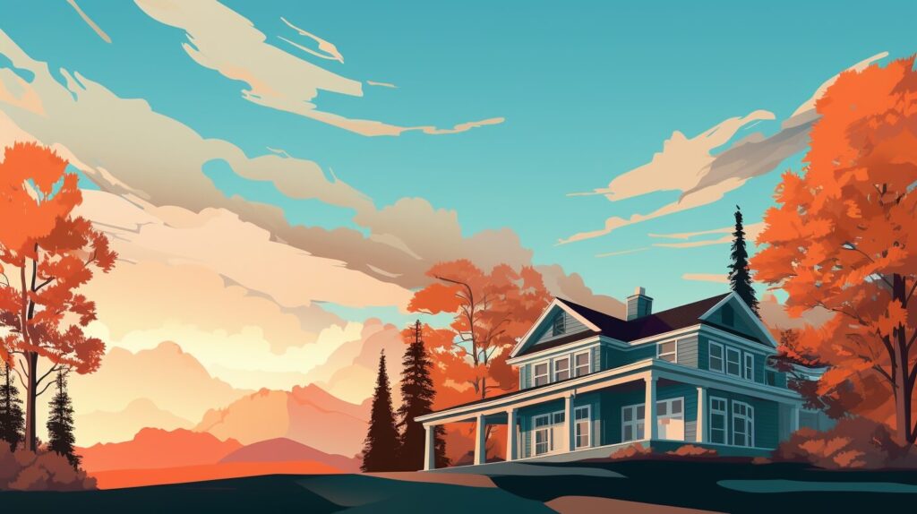 large blue home on top of a hill with orange trees around it