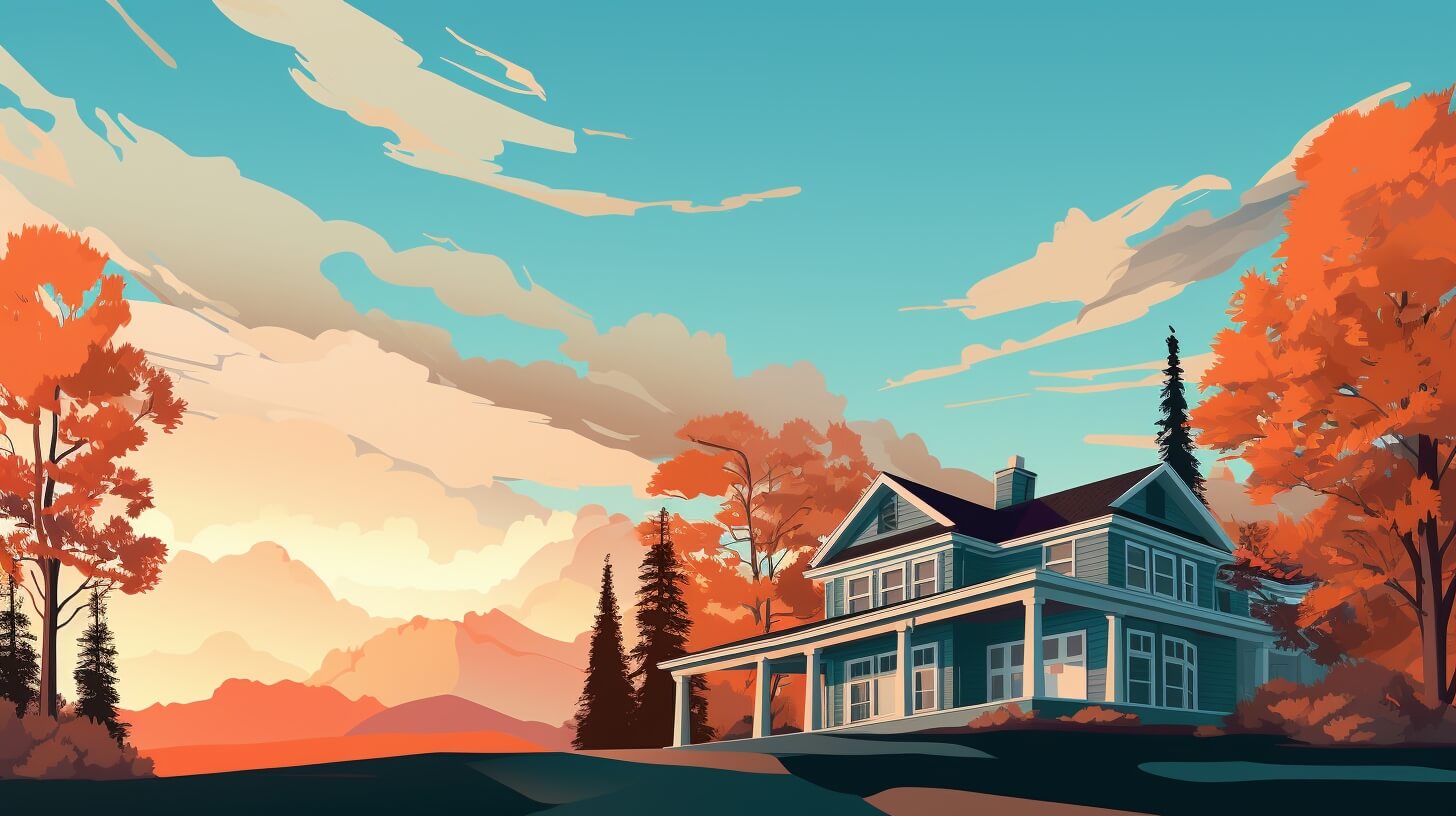 large blue home on top of a hill with orange trees around it