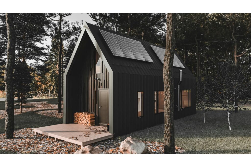 A prefabricated tiny home in a wooded area