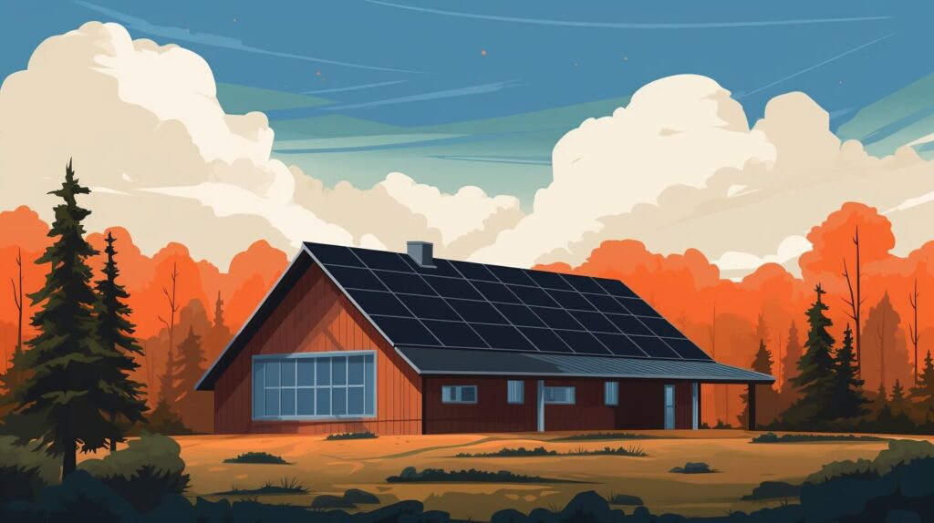 a cabin with solar panels on the roof
