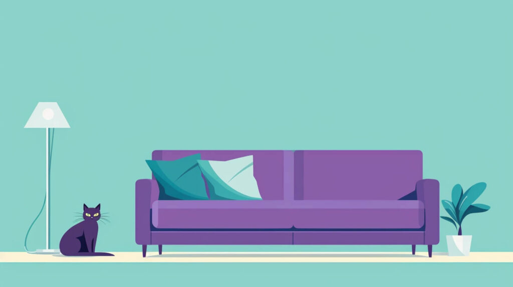 a small dark cat next to a purple couch