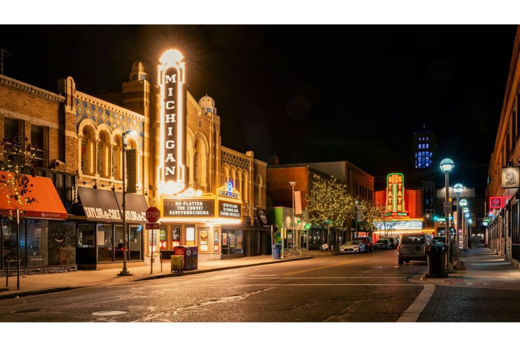 A theater at night in Ann Arbor, Michigan