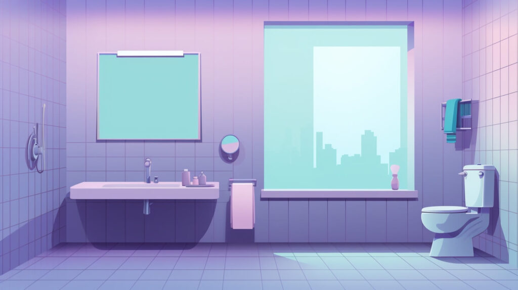 a purple bathroom with a large window, sink, and toilet