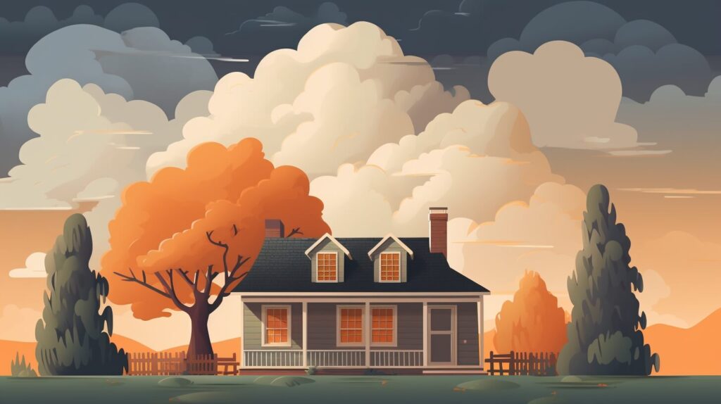 a small gray house in front of stormy clouds