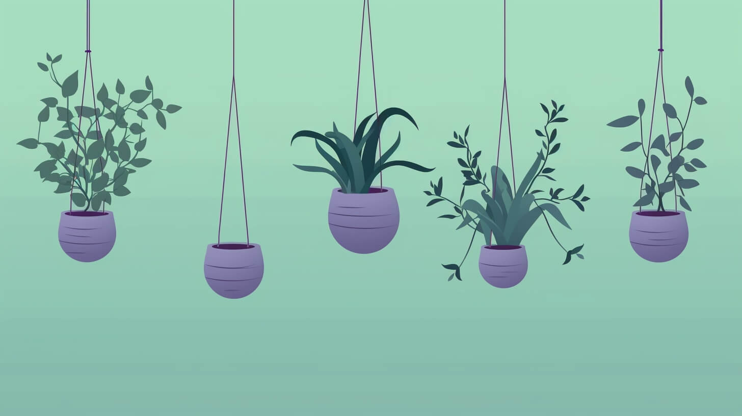 several potted plants hanging from a wall