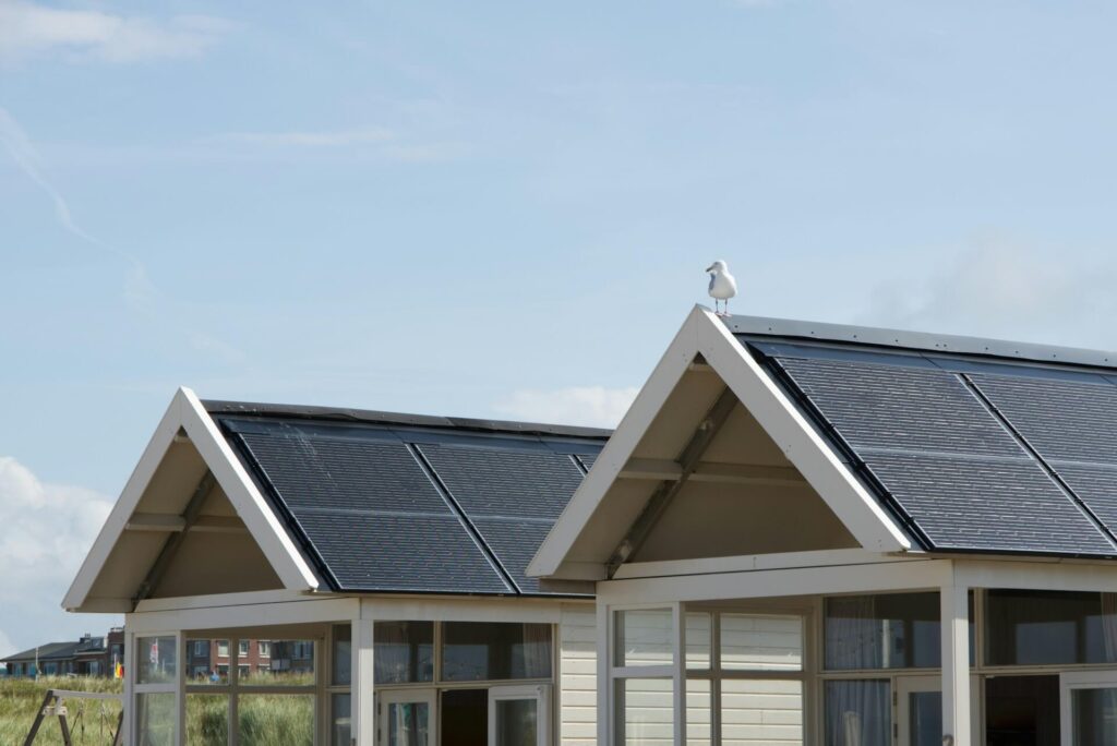 Beach home with solar panels on the roof