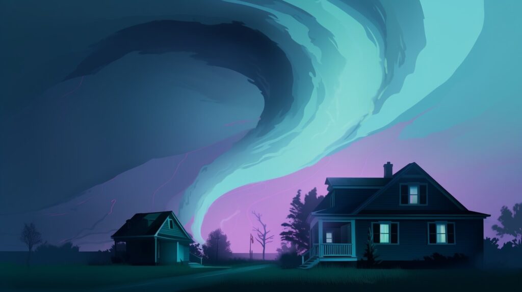 a tornado behind a house