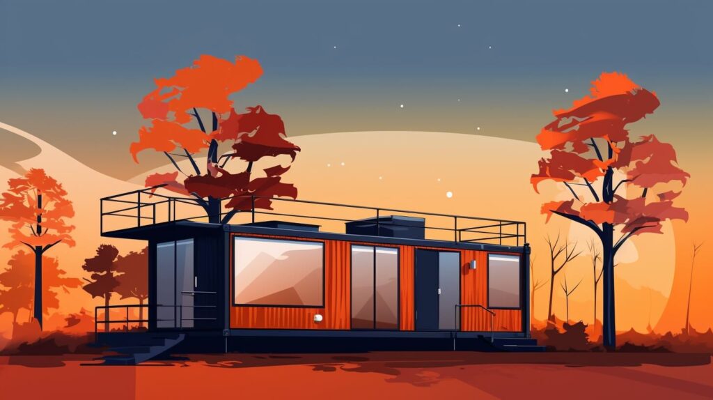 a container home surrounded by orange trees