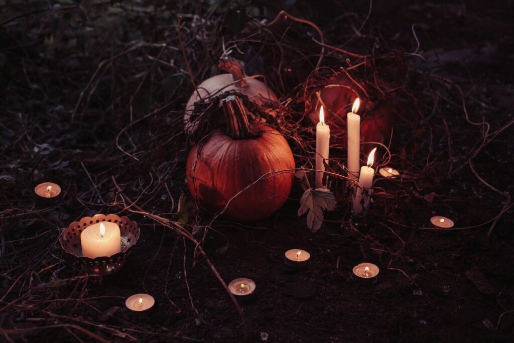 Pumpkins and candles being used as decor