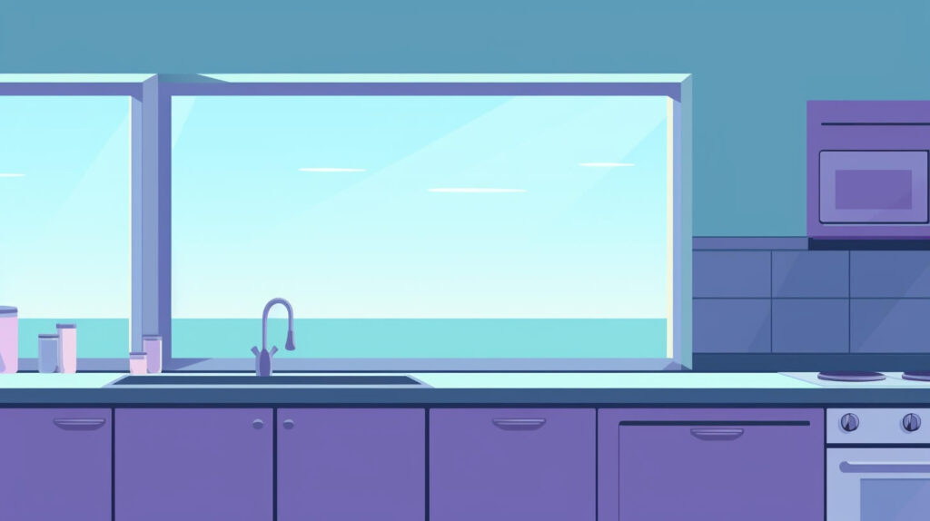 a kitchen sink in front of a large window