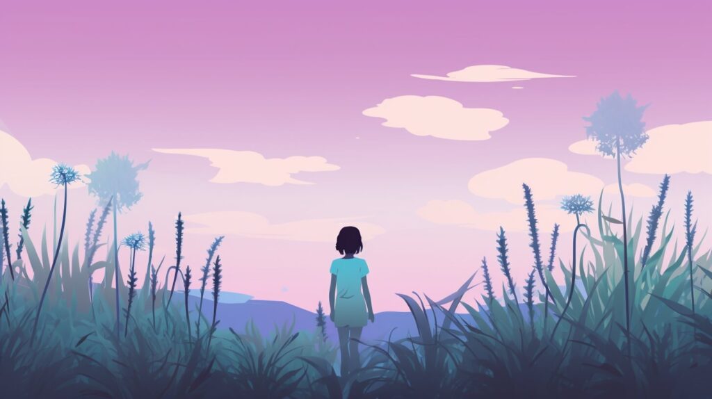 a child standing around plants in a garden