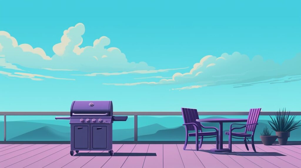 a gas grill and table on a deck