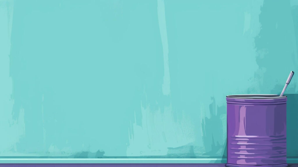 a purple paint can sitting next to a teal wall