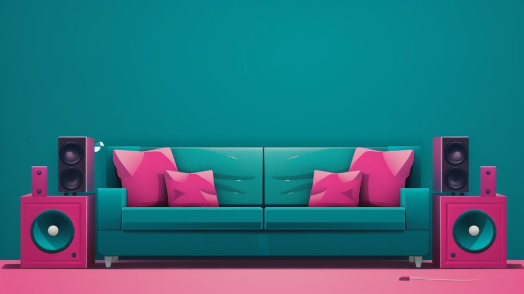 a teal couch with pink speakers on either side