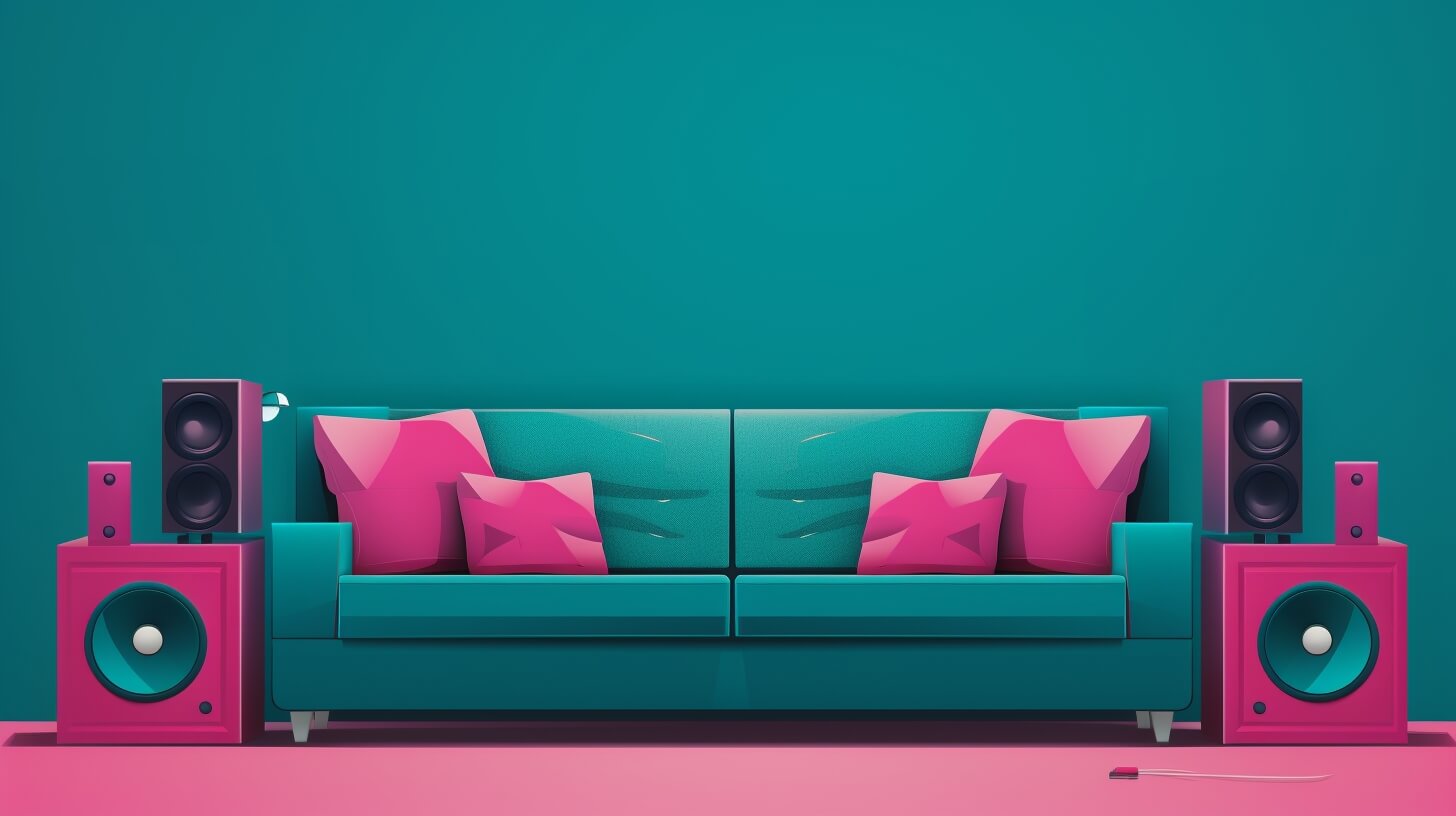 a teal couch with pink speakers on either side