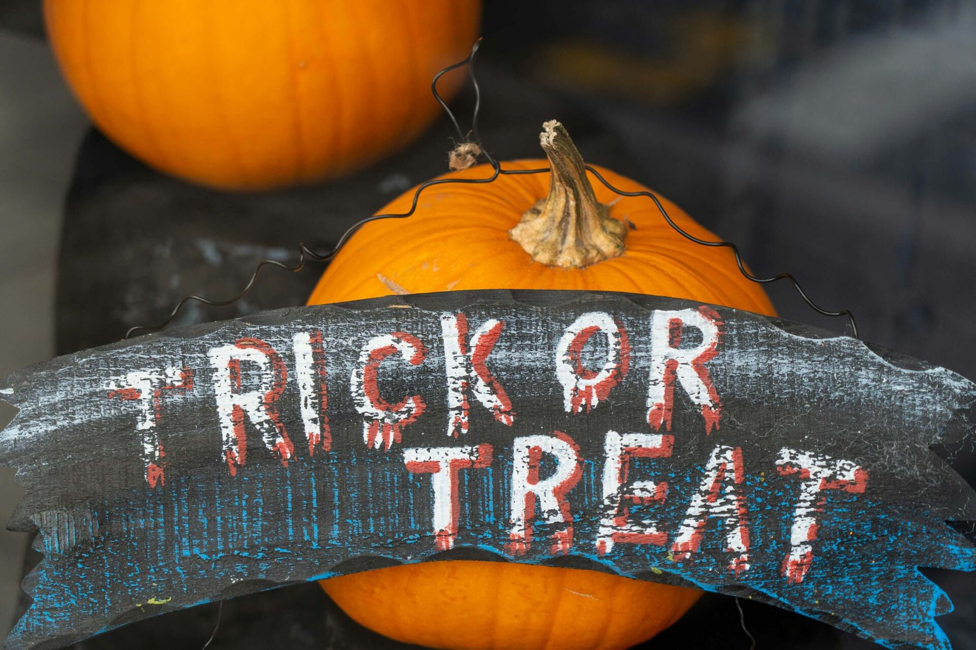 A pumpkin with a sign in front of it stating "Trick or Treat"