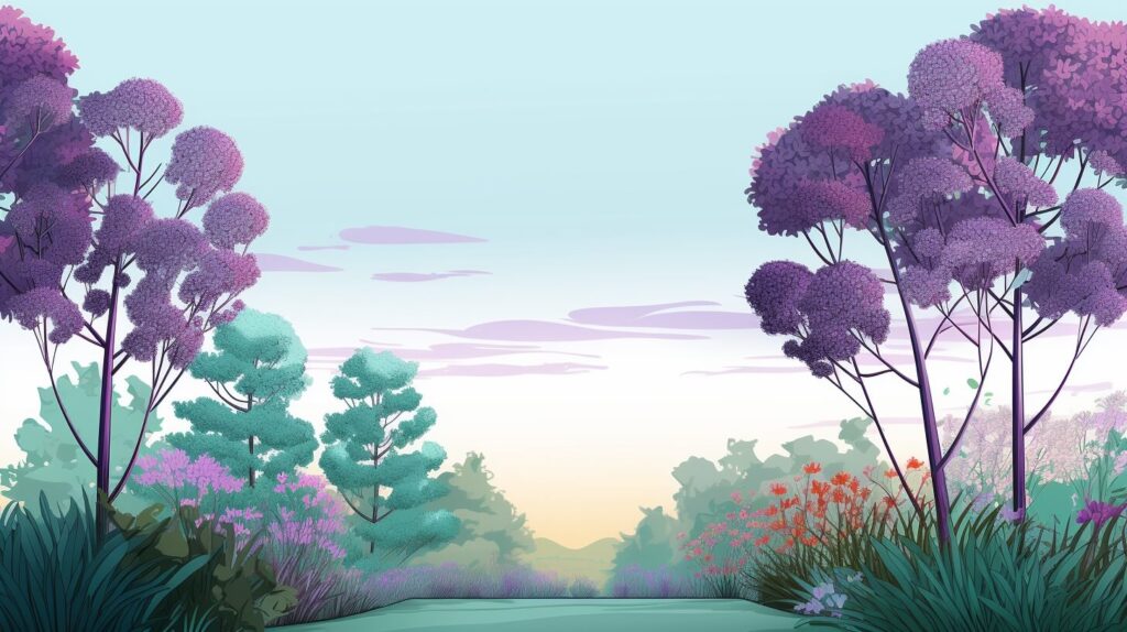 a garden with purple plants and trees