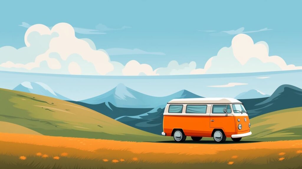an orange camper van on a grassy hill