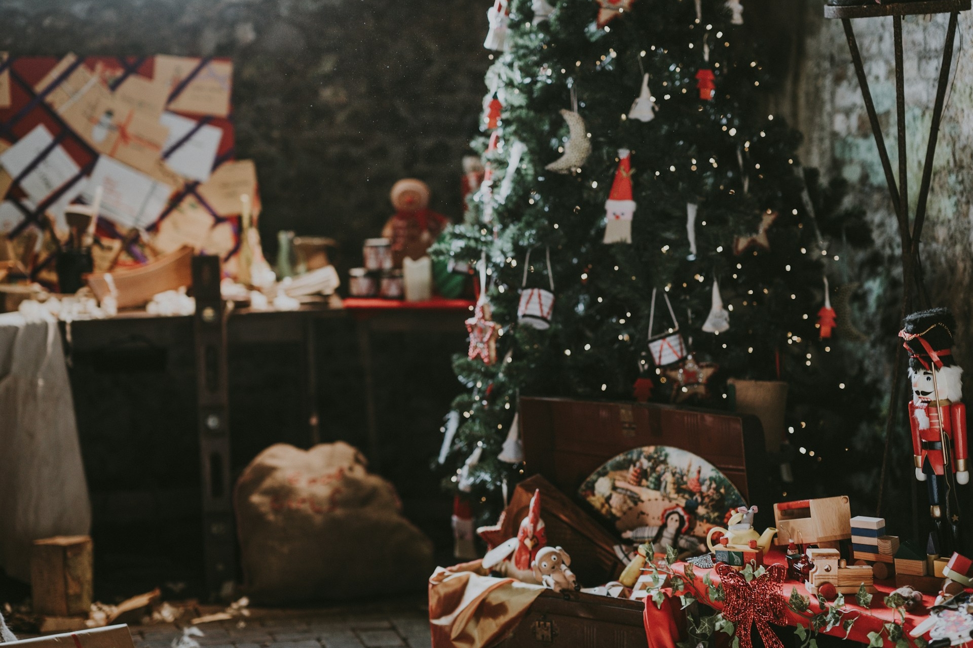 Christmas tree in a room of toys