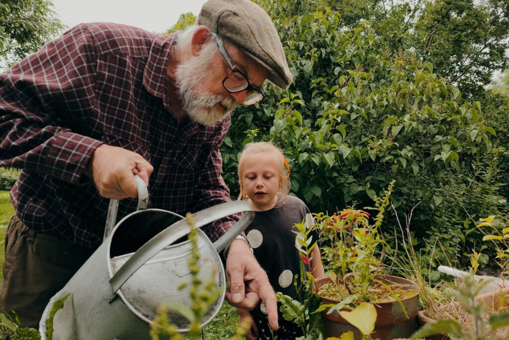 Grandfather and granddaughter gardening together