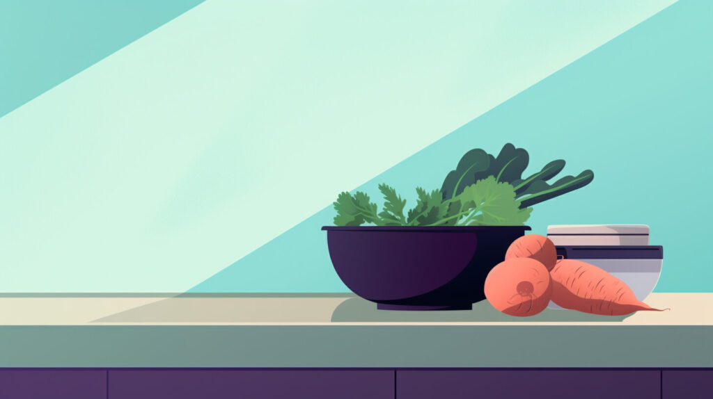 vegetables sitting in a purple bowl and on the counter