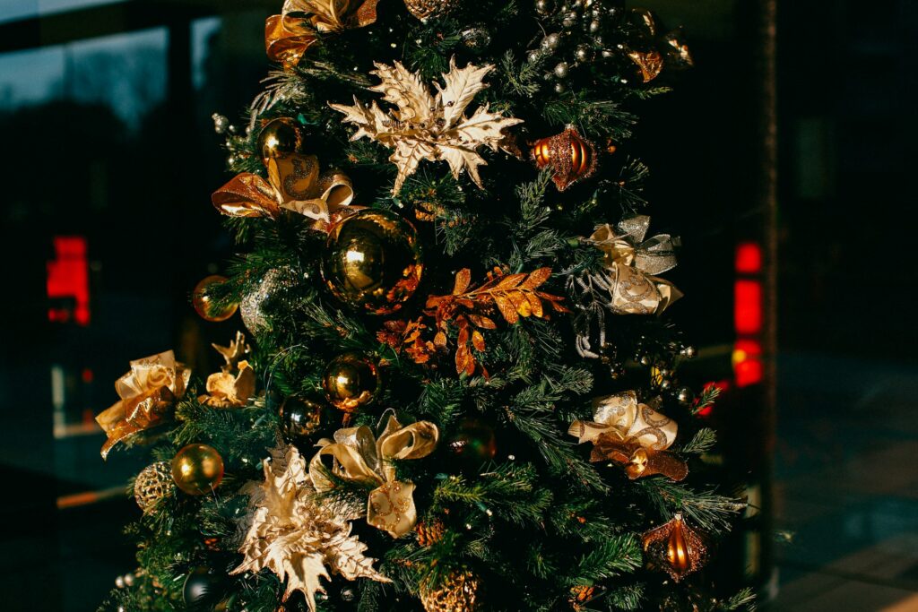 Gold ornaments on a Christmas Tree
