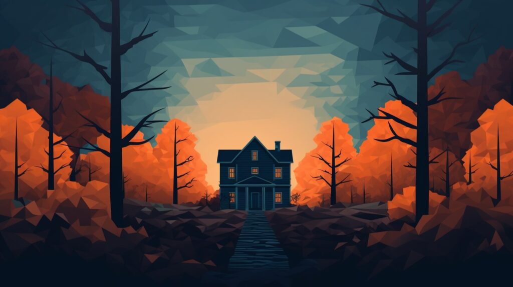 an old home surrounded by orange trees