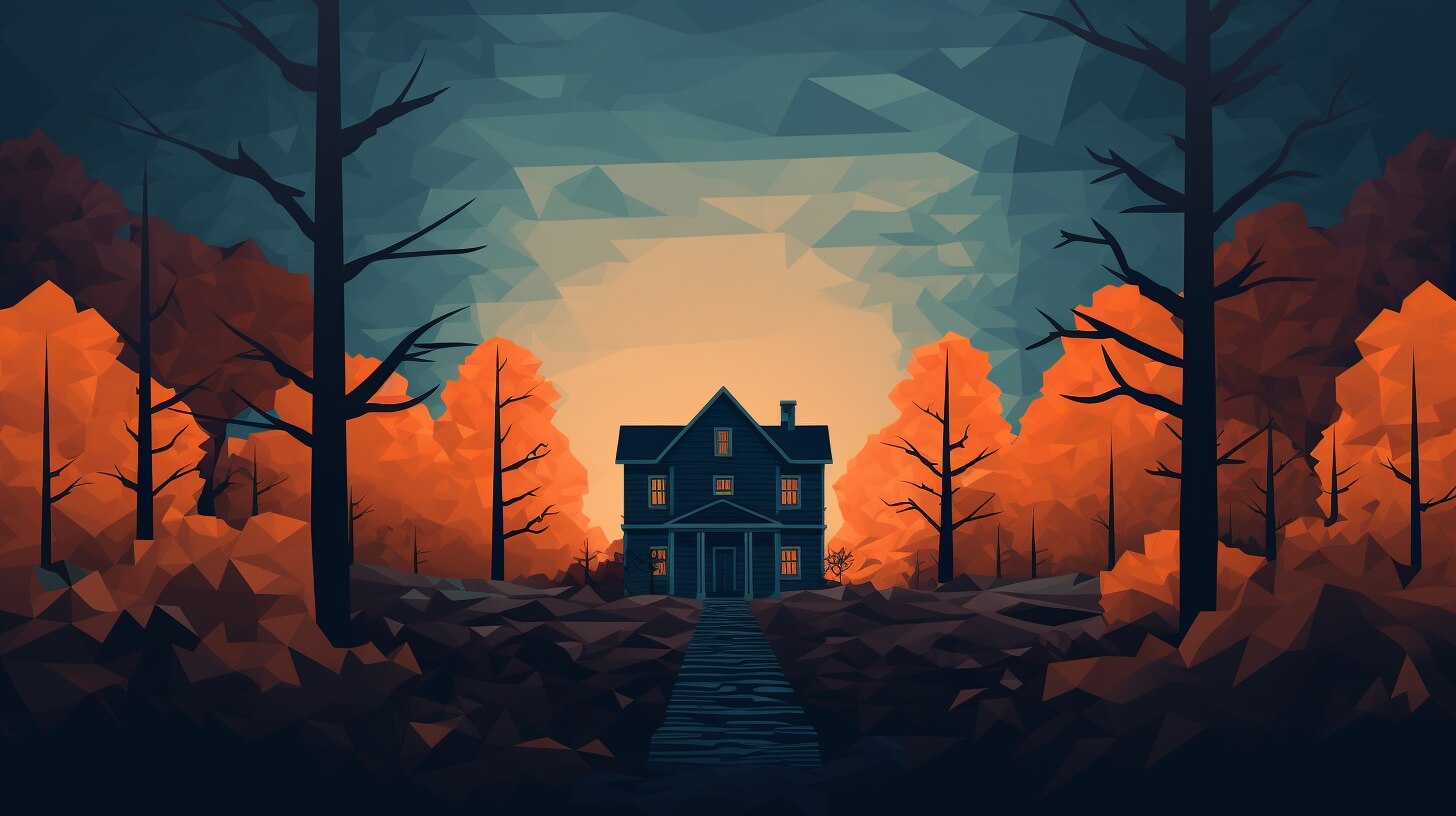 an old home surrounded by orange trees