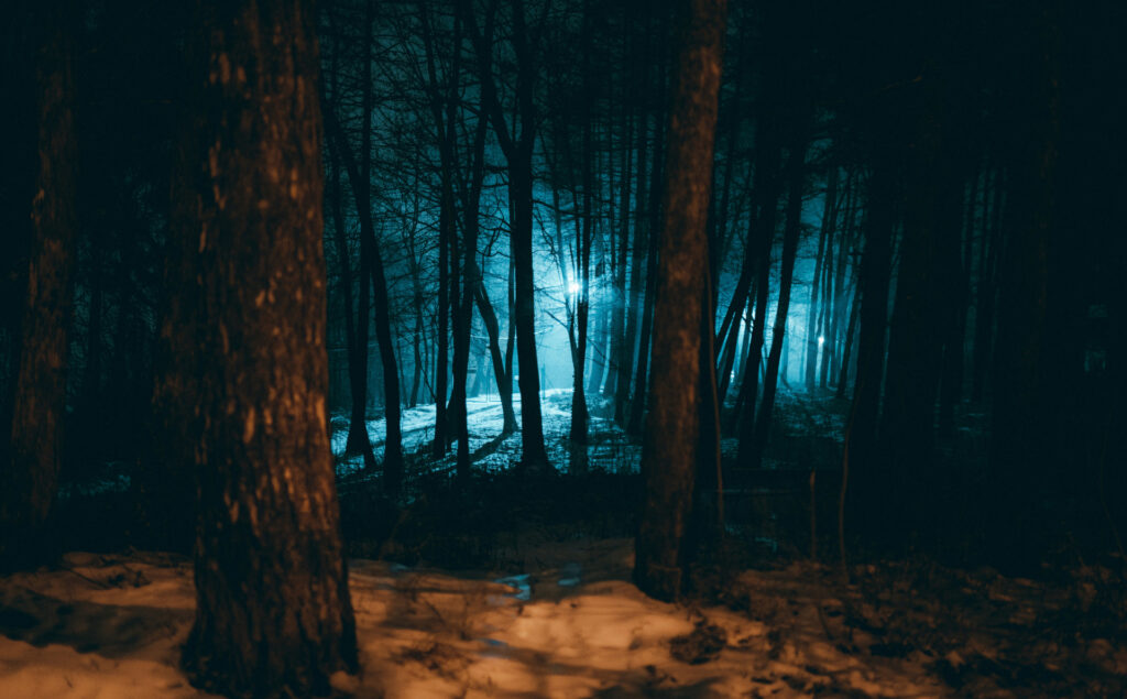 Darkness and disorientation add to fear in haunted forests at night.