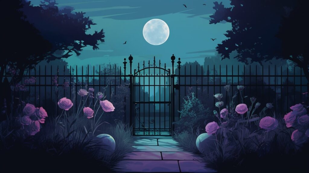 a gated garden with a full moon in the sky